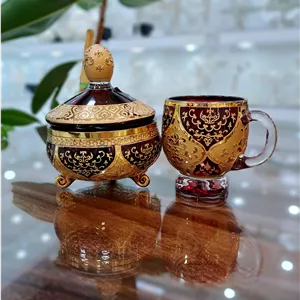ست فنجان و قندان کریستال طلاکوب طرح ونوس رنگ قرمز با طلاکاری هلند