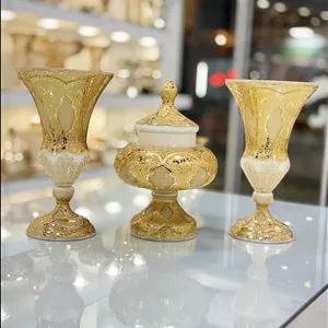 ست سه تیکه گلدان و شکلات خوری کریستال طلاکوب طرح ژاکلین رنگ کرم سایز کوچک