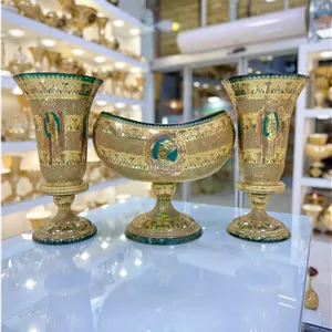 ست سه تیکه گلدان و کشکول کریستال طلاکوب طرح دیانا رنگ سبز سزار سایز بزرگ