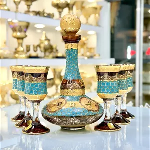 ست تنگ و جام کریستال طلاکوب طرح ژوپیتر رنگ عسلی