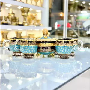 ست 8 پارچه فنجان و قندان کریستال طلاکوب طرح ژوپیتر رنگ عسلی