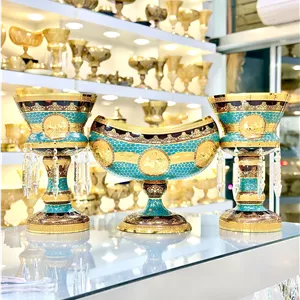 ست سه تیکه لاله آویز و کشکول کریستال طلاکوب طرح ژوپیتر رنگ عسلی سایز بزرگ