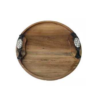 سینی چوبی گرد دسته فلزی مشکی نگین دار -Round wooden tray with a black metal handle and jeweled handles