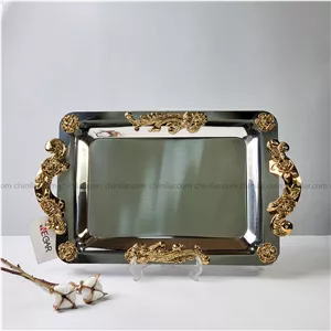 سینی استیل نگار طرح گلستان کد 419 سایز کوچک دسته طلایی