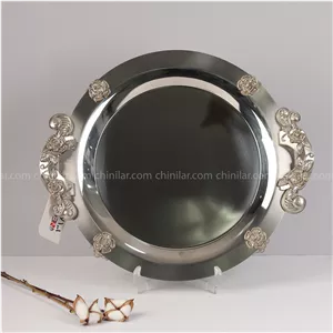 سینی استیل نگار گرد طرح گلستان کد318 سایز بزرگ تمام نقره ای