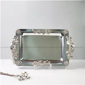 سینی استیل نگار طرح گلستان کد 319 سایز کوچک تمام نقره ای