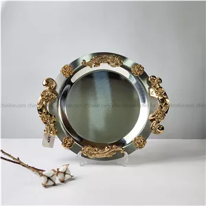 سینی استیل نگار طرح گلستان کد 417 سایز متوسط دسته طلایی