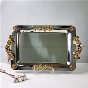 سینی استیل نگار طرح گلستان کد 420 سایز بزرگ تمام طلایی