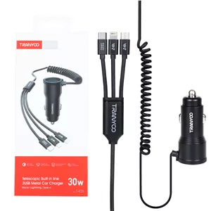 شارژر فندکی فست دو پورت Tranyoo مدل T-C23 30W بهمراه کابل متصل - مشکی