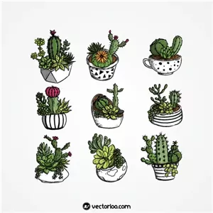 وکتور کاکتوس در گلدان نه طرح کارتونی زیبا 1