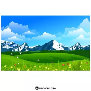 وکتور کوه برف دار و طبیعت سر سبز و آسمان آبی و ابر 1