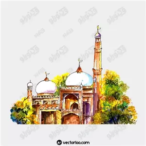 وکتور مسجد و درختان آبرنگ رنگی 1