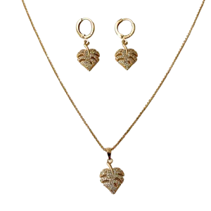 ست گردنبند گوشواره مدل برگ نگین دار رنگ ثابت طلایی