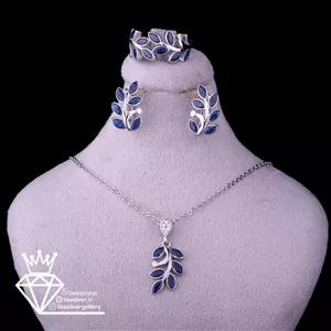 نیمست نقره زنانه یاقوت کبوداتمی طرح برگ کد650 