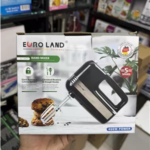 همزن دستی یورولند Euro Land مدل EL-3023 سری حرفه‌ای، توان ۴۰۰ وات، ۵ سرعت، دارای چنگال و قلاب خمیرزنی کروم‌شده، کلاس انرژی A|اورجینال(عمده و تک)