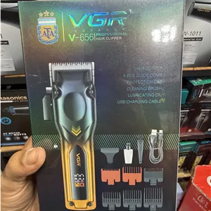 ماشین اصلاح سر و صورت وی‌جی‌آر (VGR) مدل V-656 با تیغه‌ی کربن استیل، نمایشگر دیجیتال و باتری ۲۰۰۰ میلی‌آمپر اورجینال (عمده و تک)