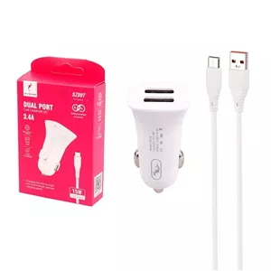 شارژر فندکی فست دو پورت Sky Dophin مدل SZ09T 15W به همراه کابل شارژ Type-C - سفید - TCO