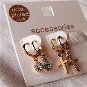 دو جفت گوشواره حلقه ای | نگین دار آبکاری طلا | برند اکسسوریز