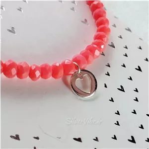 دستبند مهره ای کشی با پلاک نقره طرح قلب | برند اکسسوریز