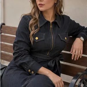 پیراهن جین زغالی زنانه آستین‌بلند کمردار