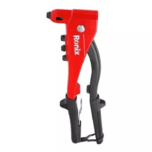 انبر پرچ رونیکس مدل RH-1606 سایز 10.5 اینچ با بدنه آلومینیوم و فولاد A4، دارای 4 سری قابل تعویض، نازل بلند برای دسترسی به مکان‌های تنگ، مناسب پرچ‌کاری با پرچ‌های آلومینیومی، فولادی و استیل سایز 2.4 تا 4.8 میلی‌متر، دسته ارگونومیک و ضدلغزش و قفل ایمنی