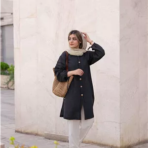 مانتو لینن زنانه نهال | مانتو راه‌راه ترک با یقه مردانه