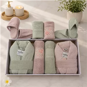 سرویس حوله ۱۰ تیکه Rotex گلدوزی لاکچری کالباسی پسته‌ای عروس و داماد اصل با گارانتی - موجودی محدود