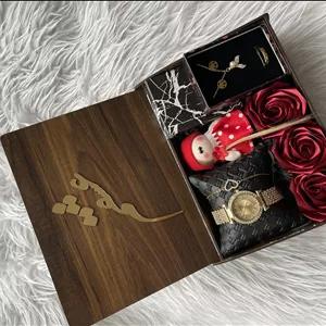 (ارسال رایگان) پک هدیه زنانه و دخترانه ساعت نگینی،باکس چوبی با متن انتخابی