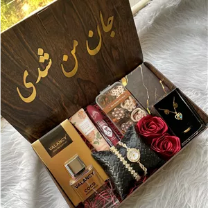 (ارسال رایگان) باکس هدیه زنانه و دخترانه لاکچری/ساعت و دستبند| نیم ست|ادکلن |رژ لب||باکس چوبی کادو ولنتاین ۱۶