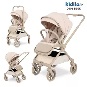 کالسکه کیدیلو مدل D901 دسته دوطرفه و چهار چرخ 360 درجه - رنگ کرم - بدنه کرم