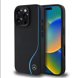 کاور و قاب آیفون 16 پرو مرسدس بنز دارای لوگوی لایسنس MAGSAFE 3D چرمی راه عمودی آبی مشکی Mercedes Benz