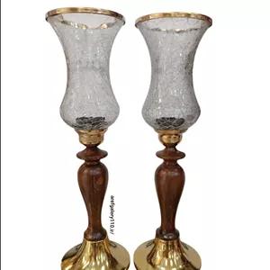 خرید و قیمت شمعدان جفتی چوبی طرح لاله پایه بلند بلور ابگز