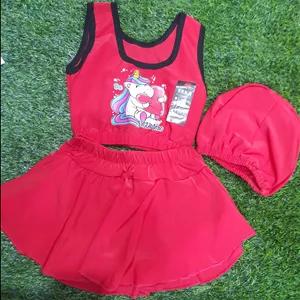 مایو شنا دو تیکه دامنی بچگانه دخترانه صورتی و قرمز سایز۱ تا۴