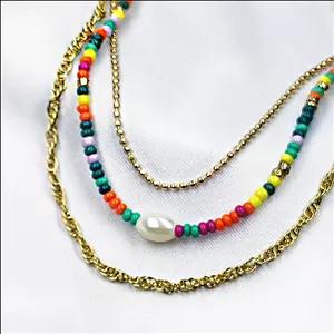 گردنبند زنانه سه لاین جدا با مهره رنگی کد 5172