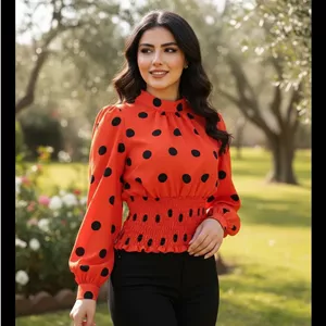 شومیز دخترانه توپ توپی آستین دار کمر کش قرمز