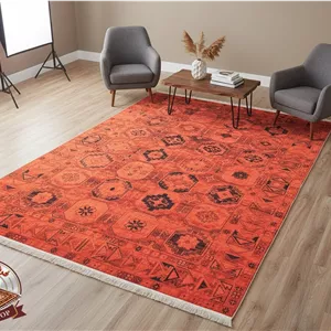 فرش ماشینی (چاپی) فرشینه مدرن مخمل ترک طرح ابریشمی قرمز | شیک، ضد لغزش (100x60) | کد a090 - 3 در 4 متر ( 12 متری) ارسال فوری- فرشینه نازگل