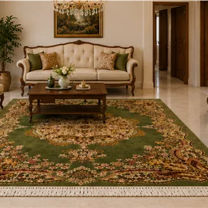 فرش ماشینی (چاپی) فرشینه مخمل طرح ابریشم مدل ترنج‌دار سبز زیتونی کد A058 ارسال فوری- فرشینه نازگل