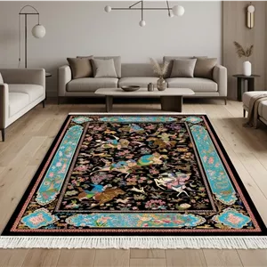 فرش ماشینی (چاپی) خرید فرشینه مخمل طرح ابریشم مدل شکارگاه و چوگان زمینه مشکی کد A005 ارسال فوری- فرشینه نازگل