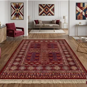 فرش ماشینی (چاپی) فرشینه مخمل طرح قرمز لاکی طرح گبه هندسی کد A094 - 100 * 60 ( پادری ) ارسال فوری- فرشینه نازگل