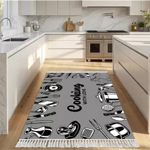 فرش ماشینی (چاپی) فرشینه اشپزخانه مخمل ترک مدل Cooking رنگ طوسی مدرن کد K189 - پادری 50 در 80 ارسال فوری- فرشینه نازگل