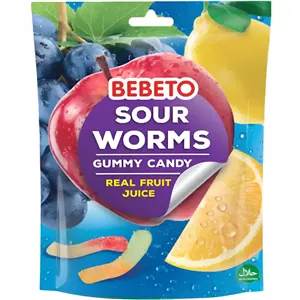 پاستیل کرم شکری ببتو با طعم طبیعی میوه Bebeto Sour Worms