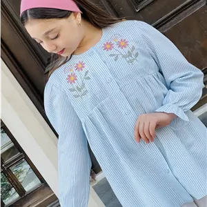 شومیز دخترانه گلدوزی راه راه دخترانه رنگ آبی و طوسی | سایز ۸ تا ۱۴ سال