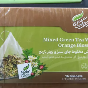دمنوش مخلوط چای سبز و بهار نارنج مهرگیاه ـ 14 ساشه