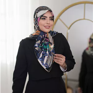 روسری ابریشم ژاکارد طرح هرمس کوبیسم رنگ مشکی آبی سرخابی