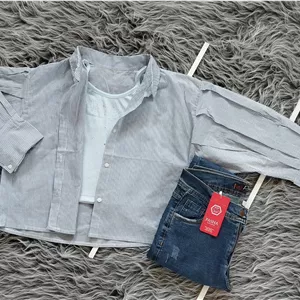 شومیز کراپ راه راه آستین پیله دار زنانه (بدون جیب) کد 403046