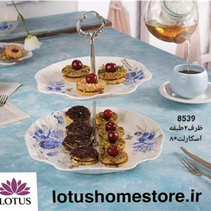 شیرینی خوری و کیک خوری  شیرینی‌خوری دو طبقه سرامیکی ریور مدل گلدار آبی کد 8539 