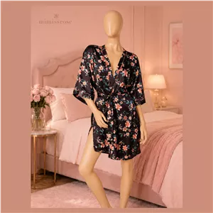 روب دوشامبر ساتن مشکی گلدار Blossom After Dark