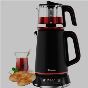 چای‌ساز روی‌هم مباشی مدل ME-TM302B با کتری استیل و قوری شیشه‌ای
