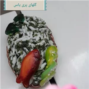 دیس مسی سبزی پلو مینیاتوری وسینی آجیل با خمیر ایتالیایی شامل ماهی و لیمو و کوکو سبزی و کاسه ی آجیل و پیاله و سینی مسی خانمان مدل 339845