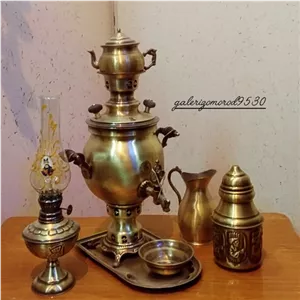 سماور برنجی 1نیم لیتری زغالی ذغالی آنتیک باسرویس کامل خانمان مدل 344686